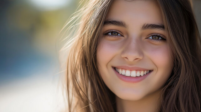 Retrato de uma mulher jovem sorridente com cabelos castanhos.