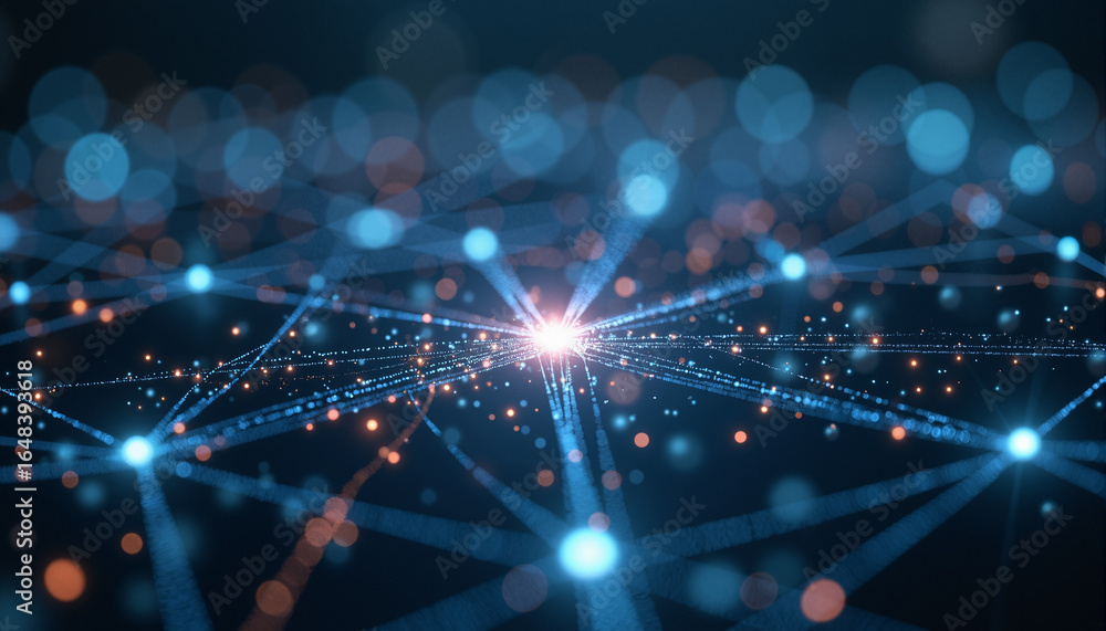 Poster s a dark background with a network of lights and dots radiating outwards from the center