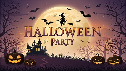 Spooky Halloween party invitation with witch, pumpkins, haunted house, bats and full moon
