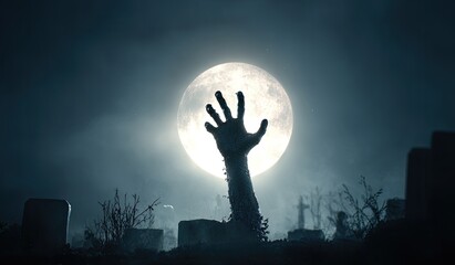 A zombie hand reaching from a grave under a full moon