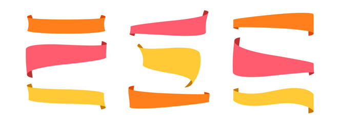 Red, orange and yellow ribbon banners set. Different scroll labels and badges pack for promotion, product decoration, price tag, discount sticker. Colorful note and mark elements collection. Vector