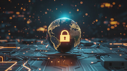 Global network security concept with padlock on earth for cyber safety and data protection