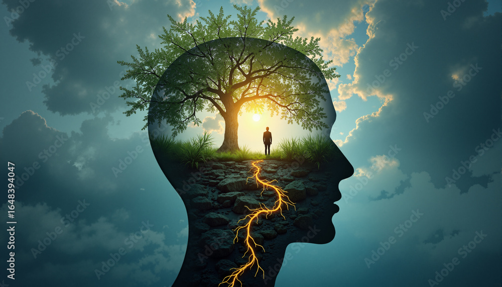 Poster s a man standing in the middle of a head with a tree growing out of it