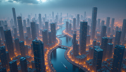 s a stunning view of a city at night from the top of a skyscraper. We can see the illuminated buildings