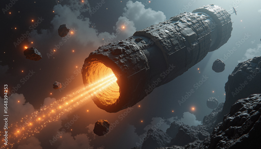 Poster s a spaceship flying through the sky with asteroids coming out of it
