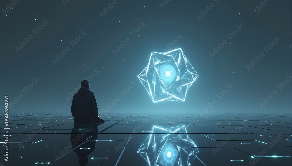 Poster s a man sitting on the floor in front of a glowing blue cube. he appears to be deep in thought
