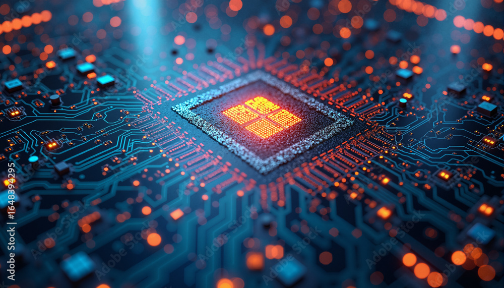 Poster s a microchip on top of a circuit board with a red light emanating from it