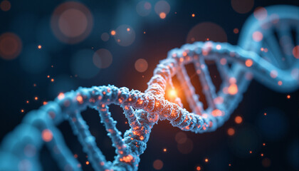 s a double helix of DNA on a blue background with red dots scattered throughout. It is an edited image