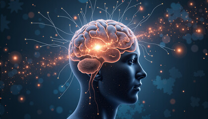 s a woman's head with a glowing brain in the middle of it