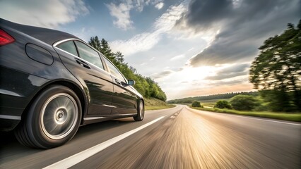 Obraz premium Black Car Driving on Scenic Road at Sunset with Motion Blur Effect