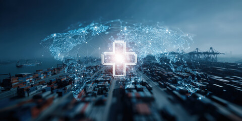 Glowing digital cross symbolizing global healthcare innovation is superimposed over bustling port, highlighting interconnectedness of global supply chains