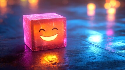 A glowing pink cube with a smiling face sits on a wet, reflective surface, surrounded by blurred lights in the background. The cube emits a warm, inviting glow