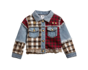 Patchwork jacket mismatched fabric plaid pattern denim sleeves gold button frayed edge casual style unique design trendy outerwear creative fashion