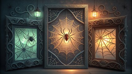 Captivating spiderweb art in ornate frames with eerie glow, perfect for Halloween themes.