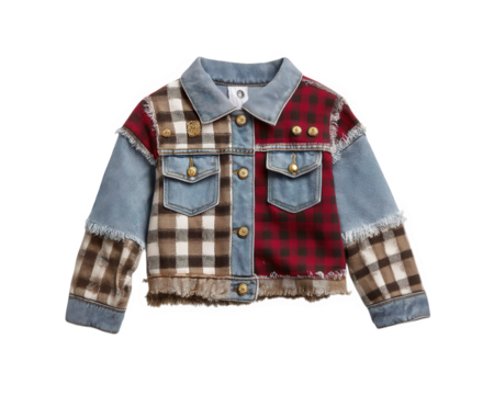 Patchwork jacket mismatched fabric plaid pattern denim sleeves gold button frayed edge casual style unique design trendy outerwear creative fashion