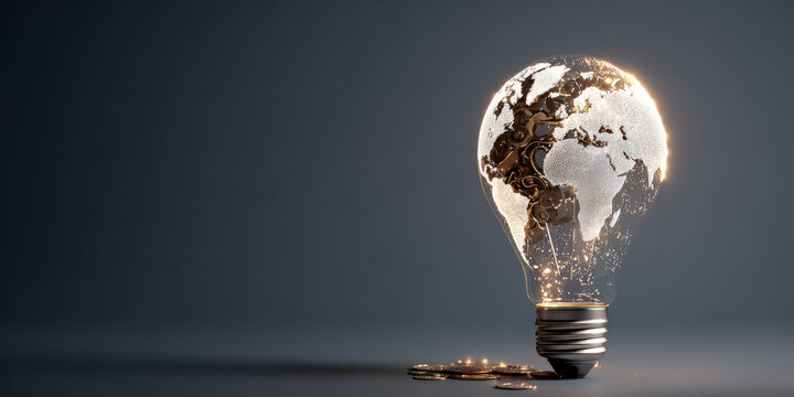 Glowing light bulb with world map design symbolizes global innovation and ideas. bulb is surrounded by coins, representing financial growth and investment opportunities - Powered by Adobe
