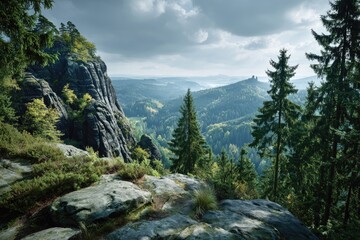 Dramatic mountain vista, rocky outcrop, lush forest, cloudy sky