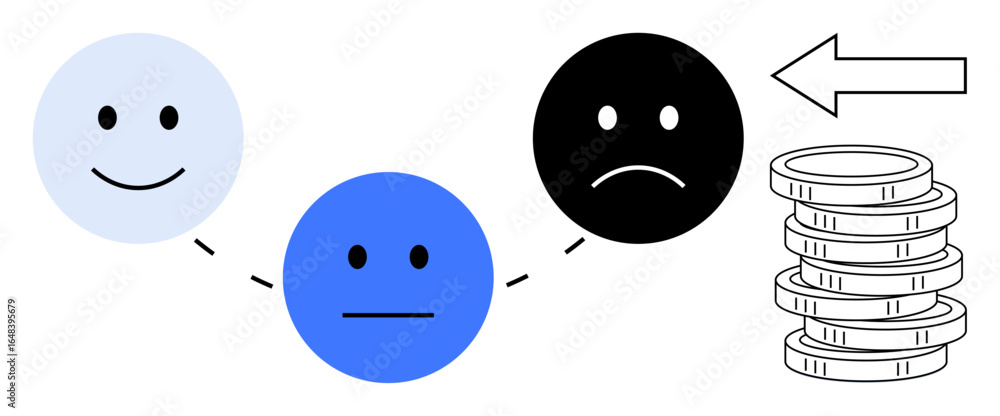 Poster three faces with happy, neutral, and sad expressions connected by dashed lines. pile of coins with a