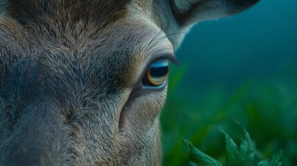 Close up of a deer's brown eye reflecting the sky with detailed fur texture and blurred green foliage