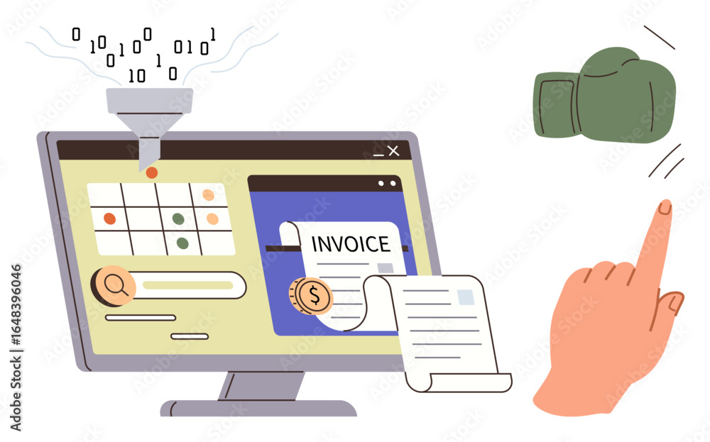 Poster digital data funneling into a computer for invoice creation and processing, hand clicking on payment