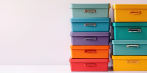 Stacks of colorful storage boxes arranged in rows, with a plain white background. The boxes are neatly organized and vary in color, including blue, purple, orange, and yellow.