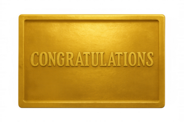 Golden congratulations sign with embossed text on a transparent background, perfect for celebrations and achievement announcements