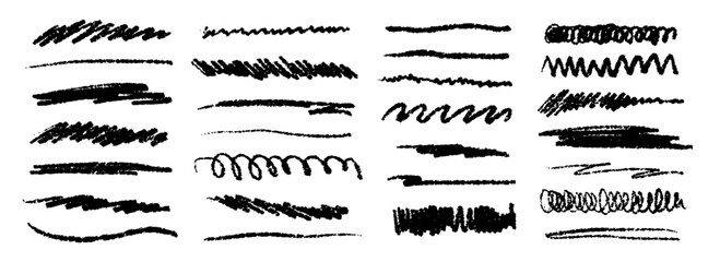 Plakat Black grunge brush stoke line set. Hand drawn crayon underline and highlighter collection. Wet or dry pastel pencil doodle and scribble bundle. Vector rough chalk charcoal sketch scrawls and squiggles