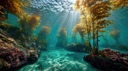 Obraz premium Sunlight streams through kelp forest. Underwater scenery