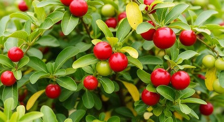 Close-up of Vibrant Red Cherries on a Lush Green Bush