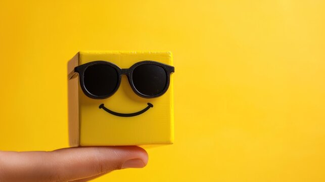 A hand holding a yellow block with a smiley face and sunglasses against a bright yellow background. The block has a glossy texture and the sunglasses are black with a cool, playful vibe. - Powered by Adobe