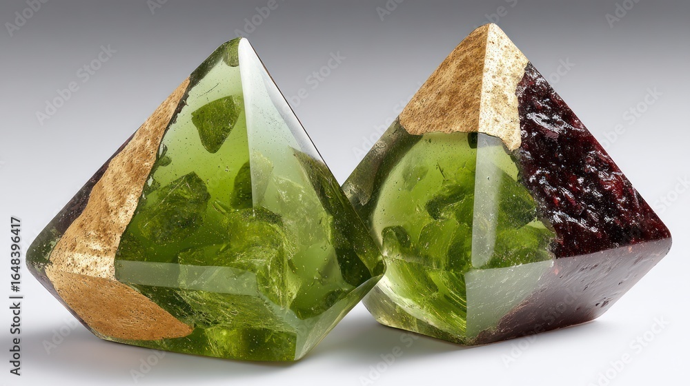 Poster two faceted geometric objects crafted from clear and green glass with embedded rough stones