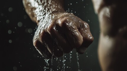 Fototapeta premium Macro Shot of Sweaty Fist with Water Droplets Against Dark Background