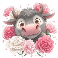 Adorable Ox with Carnations – A fuzzy cartoon ox with big eyes and a friendly expression, surrounded by pink and white carnations. Hand-drawn watercolor style, perfect for children's products