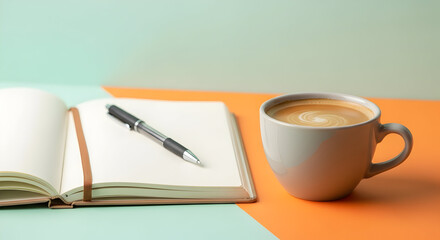 Open notebook with a pen and coffee cup on a table, perfect for studying or creative work.