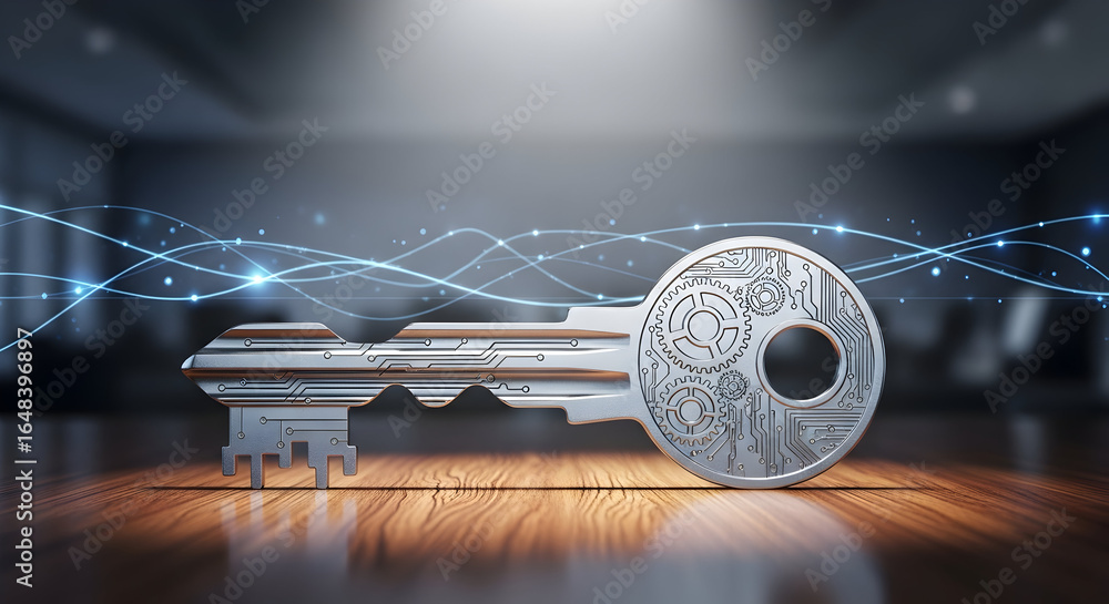 Poster modern key with circuit board design representing access to technology and digital security