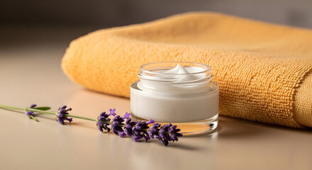 Lavender essential oil and cream placed with towel to create soothing and relaxing spa treatment setup.