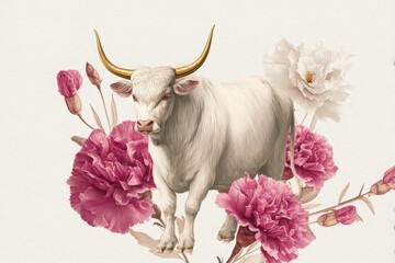 Majestic white ox with golden horns, surrounded by blooming carnations—the birth flower of January. Set on a subtle cream background, this refined floral zodiac illustration blends strength 
