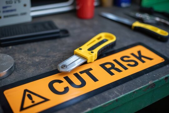 Utility knife on table with cut risk sign. Workplace safety