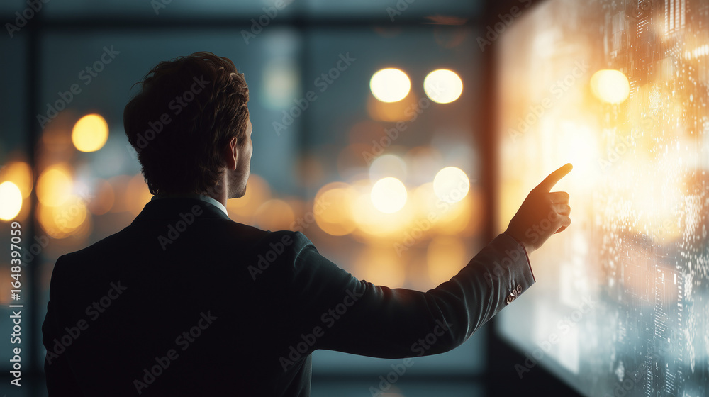 Poster man touching stock market virtual icons. business man using big data for analytics and business inte