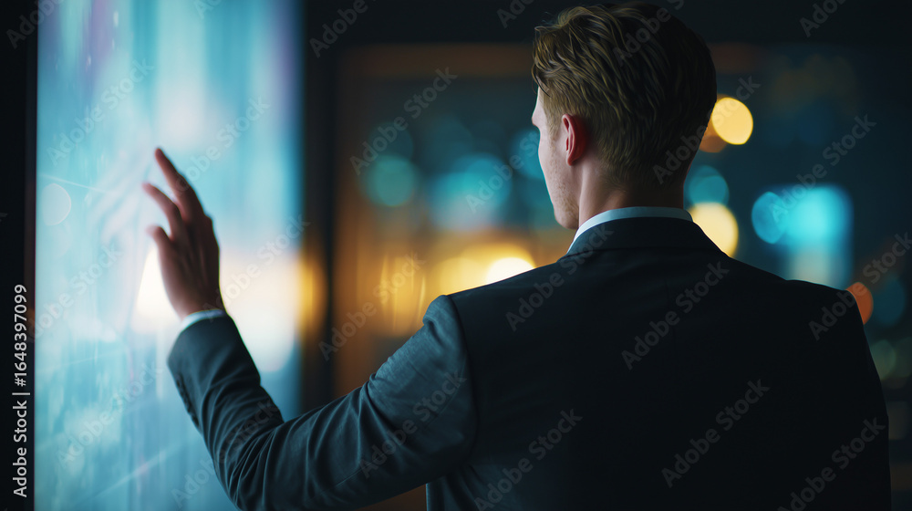 Poster man touching stock market virtual icons. business man using big data for analytics and business inte
