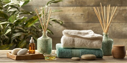 A serene spa setting with neatly folded towels, aromatic reed diffusers, and a bottle of essential oil on a wooden tray. The background features a rustic wooden wall and lush greener