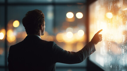 Man touching stock market virtual icons. Business man using Big data for analytics and business intelligence (BI) with chart and graph icons on a digitals screen interface. Online digital and market.