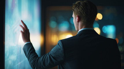 Man touching stock market virtual icons. Business man using Big data for analytics and business intelligence (BI) with chart and graph icons on a digitals screen interface. Online digital and market.