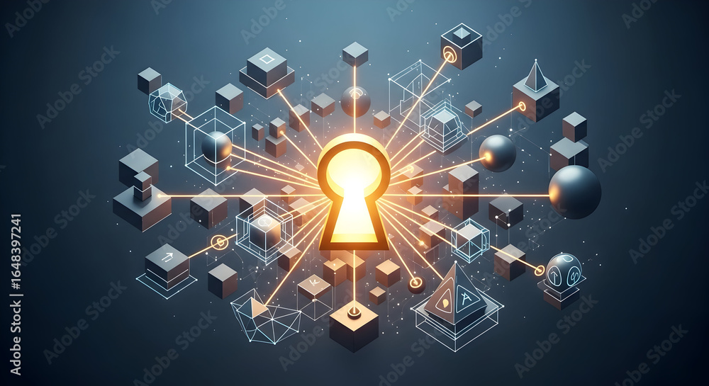 Poster dynamic data security concept with glowing keyhole, protecting network connections in modern design