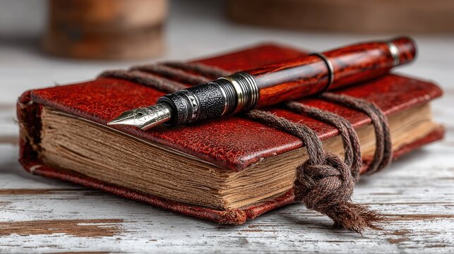 A vintage-style fountain pen rests on a worn leather-bound journal