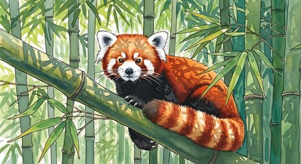 Watercolor illustration of a red panda resting on bamboo, surrounded by lush green foliage