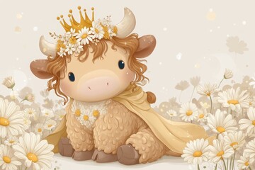 A charming cartoon ox with curly hair, golden crown, and daisy flower cloak. Set in a soft floral background, perfect for nursery art, birthday cards, zodiac themes, or spring festival merchandise.