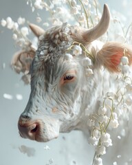 White Taurus Spirit & May Lily – A soft photorealistic ox head adorned with lily of the valley blooms. A serene tribute to May’s zodiac and birth flower, blending purity, peace, and nature.
