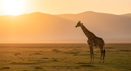 Giraffe walking in the desert with a sunset backdrop, offering a peaceful nature scene.