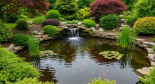 Serene Japanese Garden Pond with Waterfall, Koi Fish and Lush GreeneryLandscape - Powered by Adobe